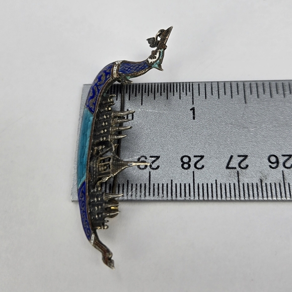 Siam Sterling Silver Brooch Shaped Like Dragon Boat Gold Plating Enamal Details - Picture 8 of 10